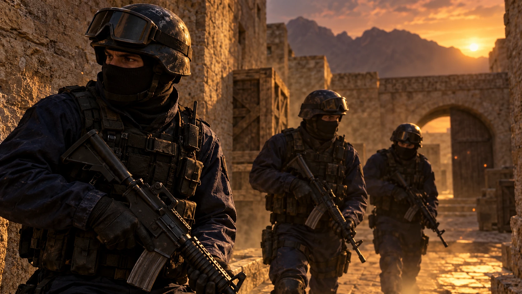 Equipe tática reunida em um cenário inspirado no Counter-Strike